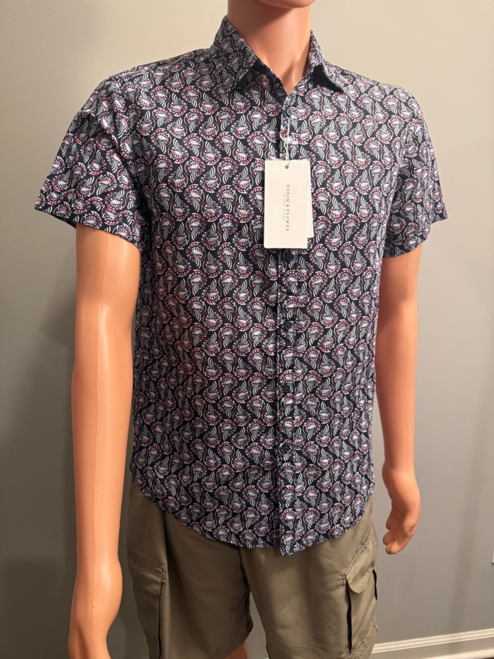 Denim & Flower Ricky Singh Linen Collection Short Sleeve Button Up Shirt NWT M